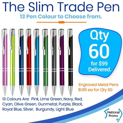 60 x SLIM TRADE Engraved Metal Pen for $99