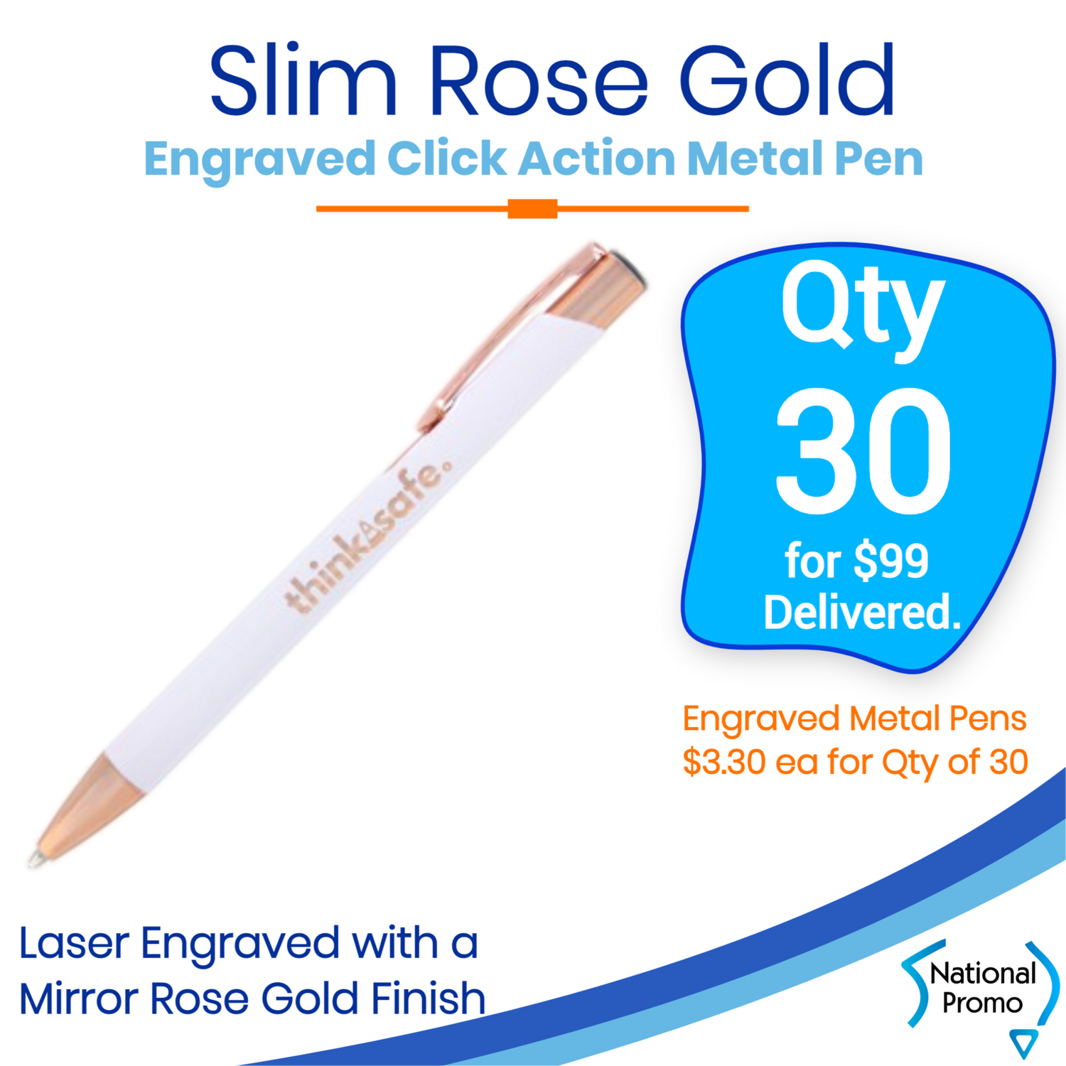 30 x Slim Rose Gold Engraved Ballpoint Pen 30 x Slim Rose Gold Engraved Ballpoint Pen