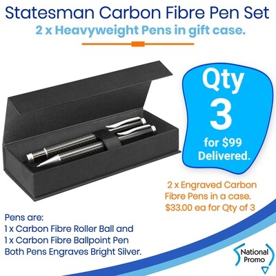 3x Personalised Engraved Carbon Fibre 2 Pens Set
