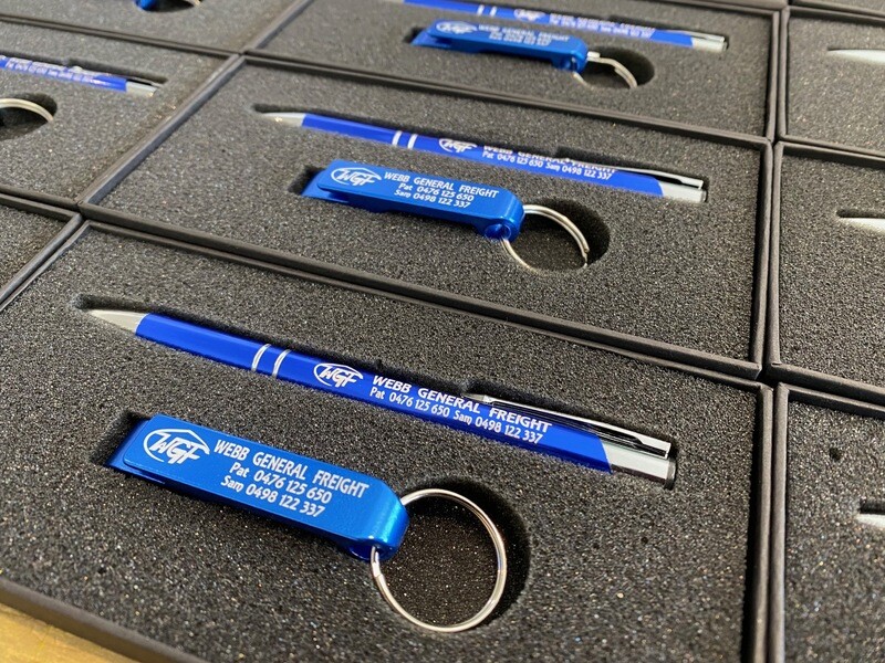 A Slim Trade Pen &amp; Keyring Set In a Foam Cut Gift Box with Lid Print