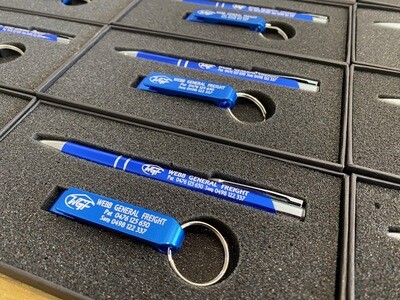 A Slim Trade Pen &amp; Keyring Set In a Foam Cut Gift Box with Lid Print