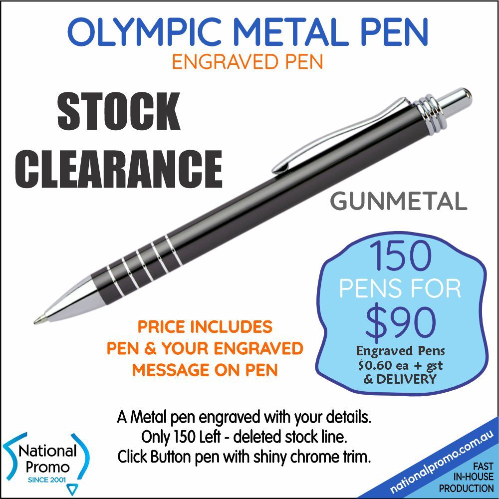 150 x OLYMPIC ENGRAVED GUNMETAL PENS <CLEARANCE> 150 x OLYMPIC ENGRAVED GUNMETAL PENS <CLEARANCE>