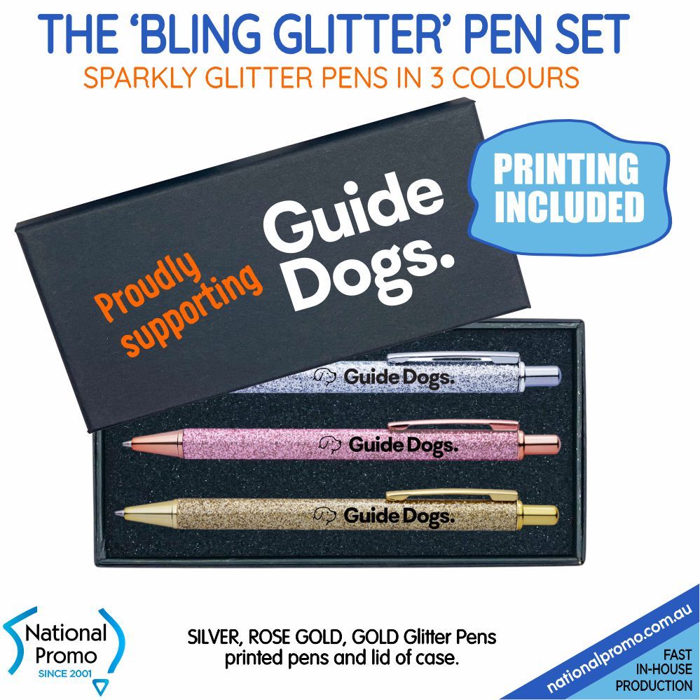 3 BLING GLITTER PENS in Custom Cut Foam Pen Case 3 BLING GLITTER PENS in Custom Cut Foam Pen Case