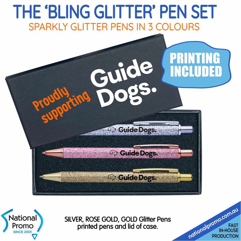 3 BLING GLITTER PENS in Custom Cut Foam Pen Case