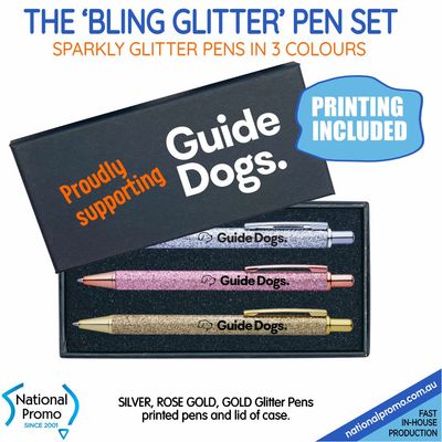 "SALE 2026" 3 BLING GLITTER PENS in Custom Cut Foam Pen Case