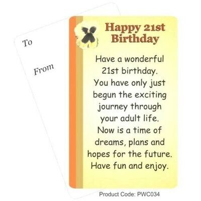 Happy 21st Birthday Pocket Card - write on - Keepsake