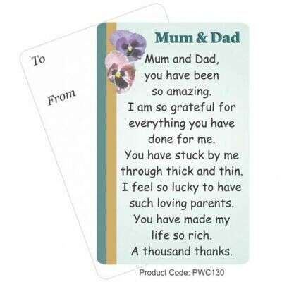 Mum and Dad Inspirational Pocket Card Wallet size - write on Keepsake