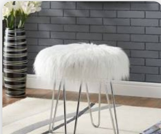 White Faux Fur Stool with Silver legs
