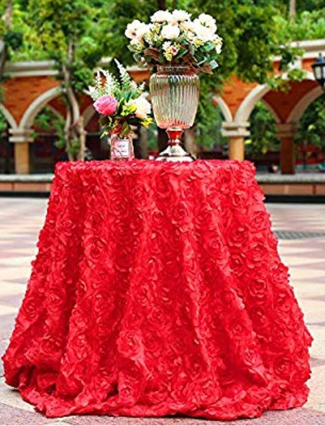 120" Round Red Rosette Tablecloth