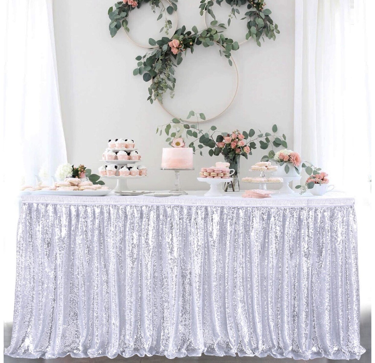 9ft Long Silver Sequin Table Skirt