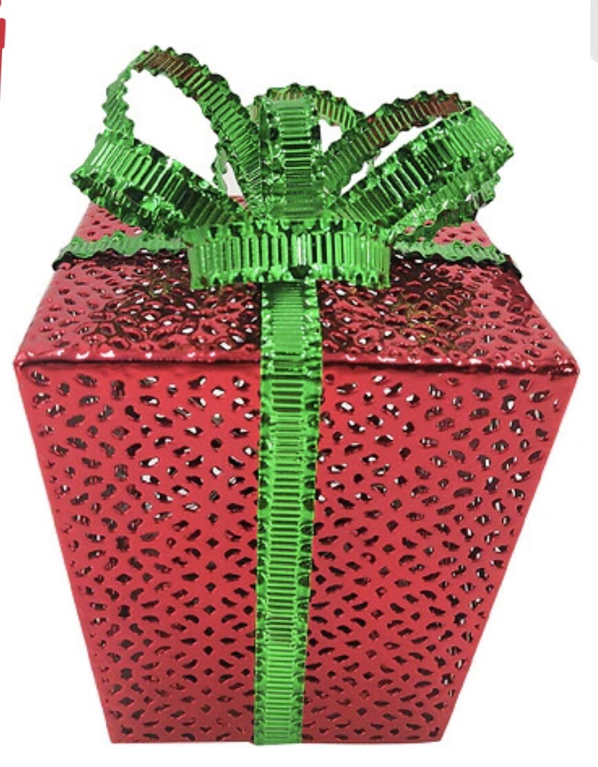 Red Metal Christmas Present With Green Ribbon W/lights