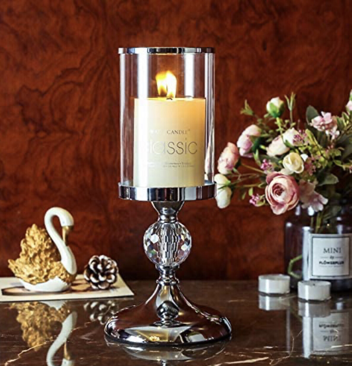 Clear K9 Crystal Glass Pillar Candle Holder, Taper Candle Stand Candlesticks