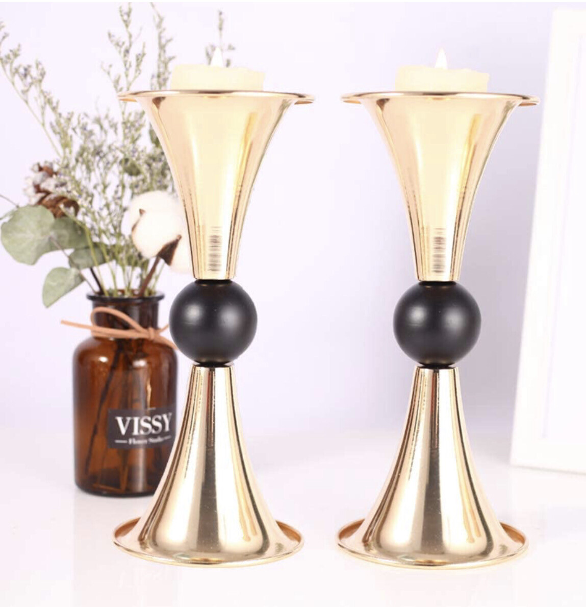 2 Pcs Gold Metal Candlestick Holder