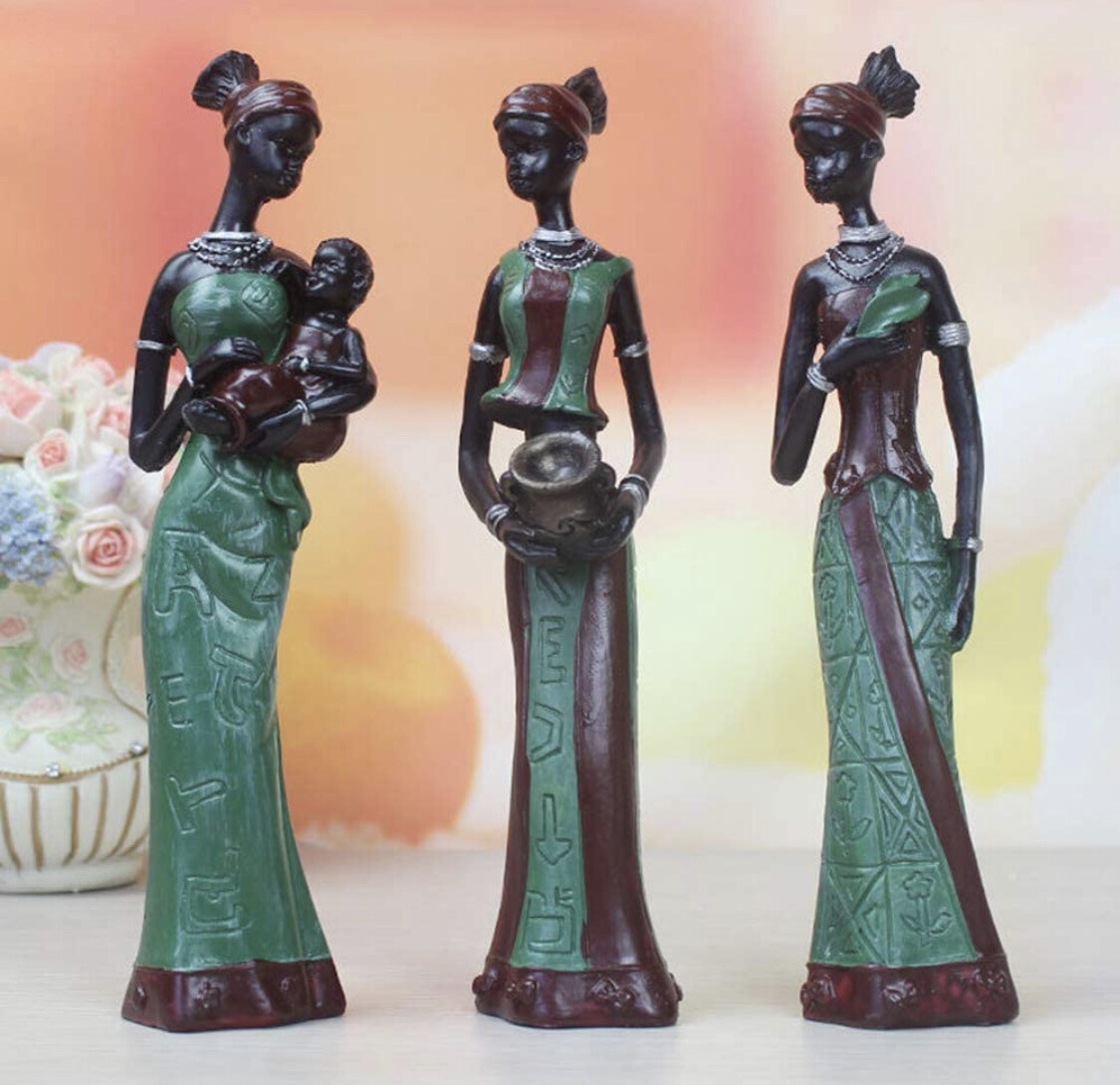 3 Pcs Decor Home African Lady Resin Sculptures Display Table Exotic Figurine (B)