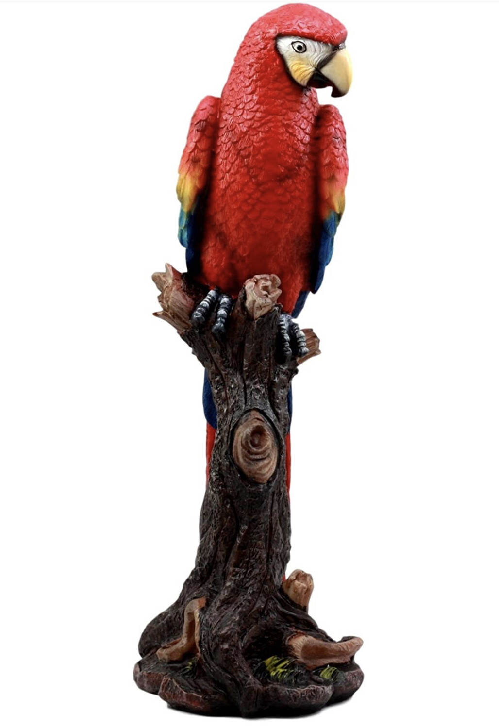 Beautiful Tropical Rainforest Paradise Bird Scarlet Macaw Parrot Statue Perching On Tree Branch Decorative Figurine 13.75" Tall