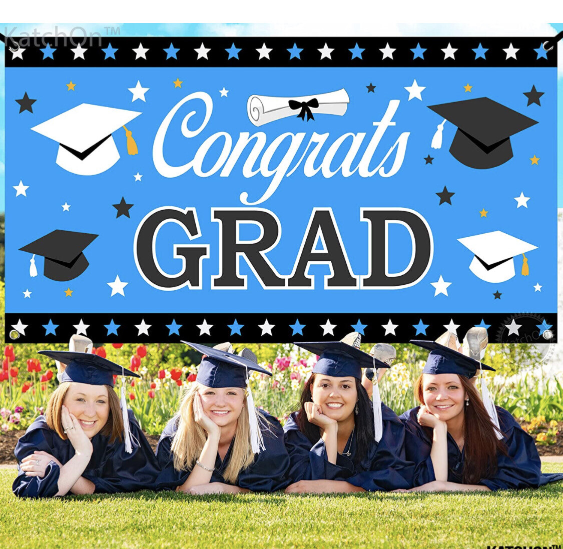 XtraLarge Congrats Grad Banner 2021 - 71x40 Inch, Blue and White | Graduation Banner |Blue and Gold |