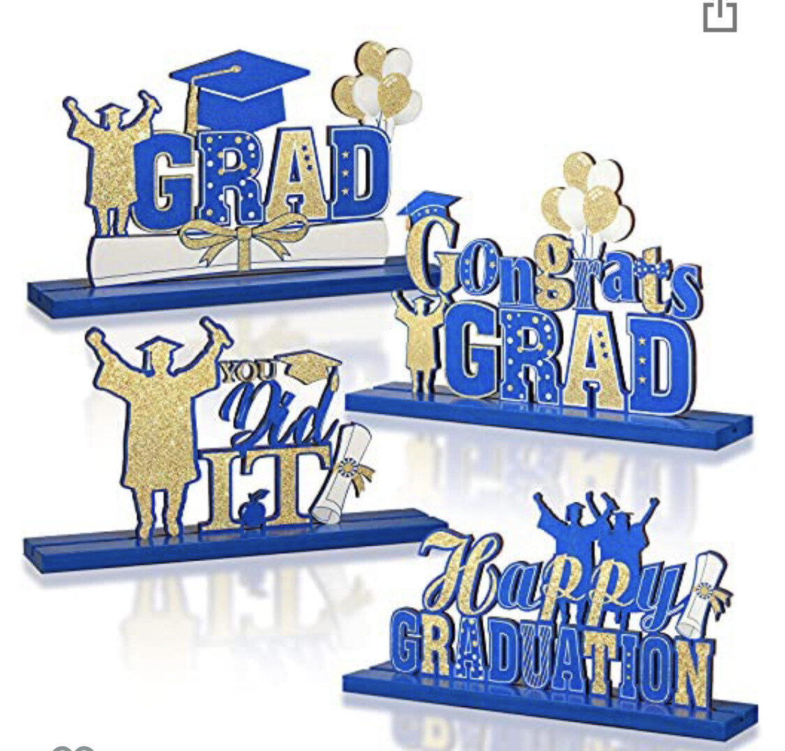 4 Pcs Graduation Table Decorations for Congratulations Party, Blue And Gold Glitter Wooden Centerpiece Signs