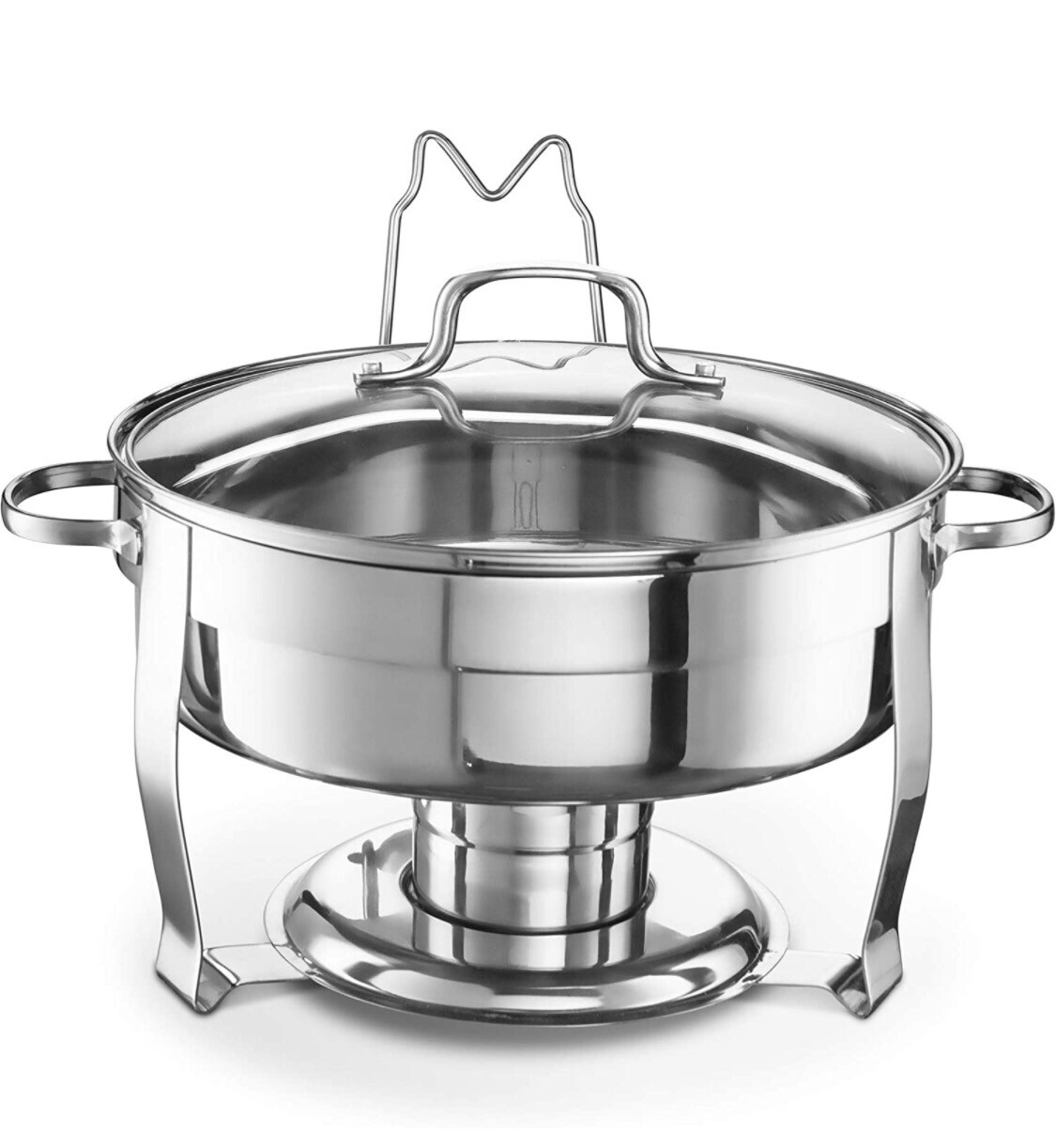 Round Chafing Dish, Warmer, Stainless Steel with Glass Lid, Includes Rack, 4.5qt (1)