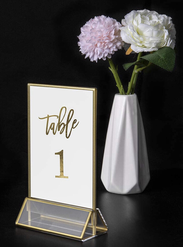 Acrylic Gold Sign Holder With gold Foiled Table Number Cards