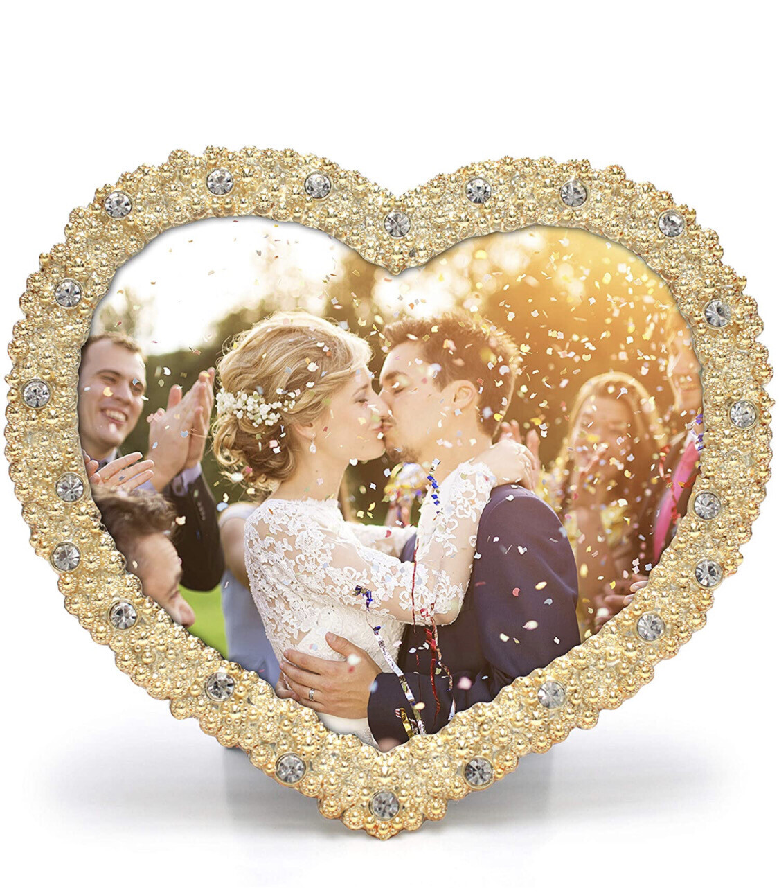 Heart shaped Jewel Picture Frame with Rhinestones (Gold, 5x5)