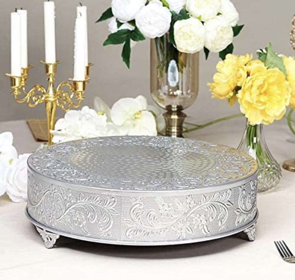 18 inch Silver Round Embossed Metal Cake Plateau Stand Riser Wedding Birthday Party Dessert Cake Pedestal Display Plate