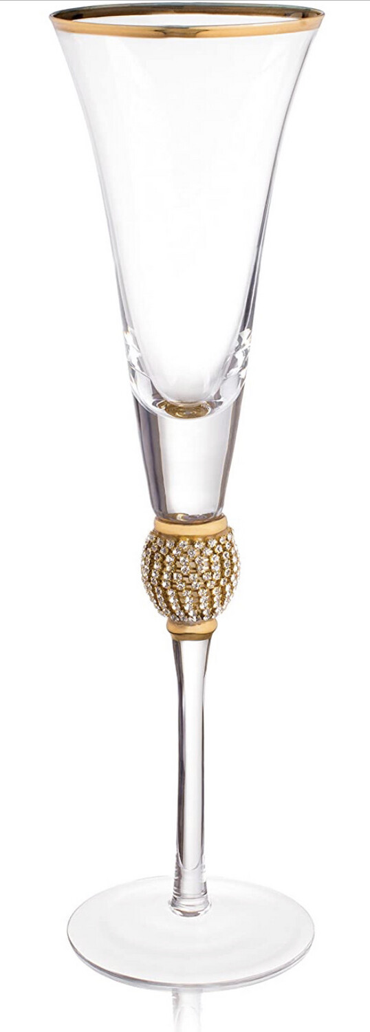 Champagne Flutes - 
Rhinestone"DIAMOND" Studded Toasting Glasses With Gold Rim - Long Stem