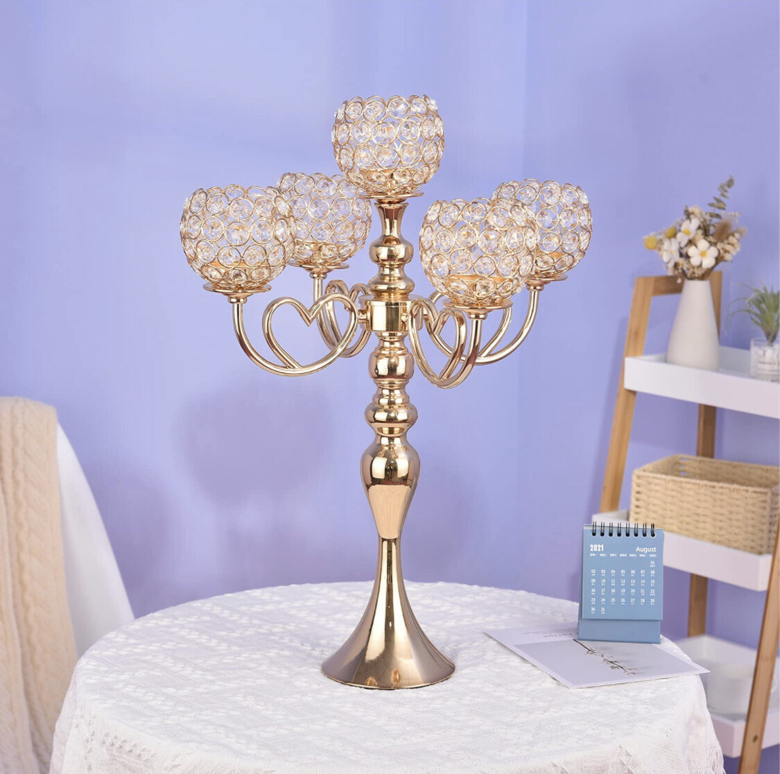 5 Arms Gold Candelabra/Crystal Candle Holders