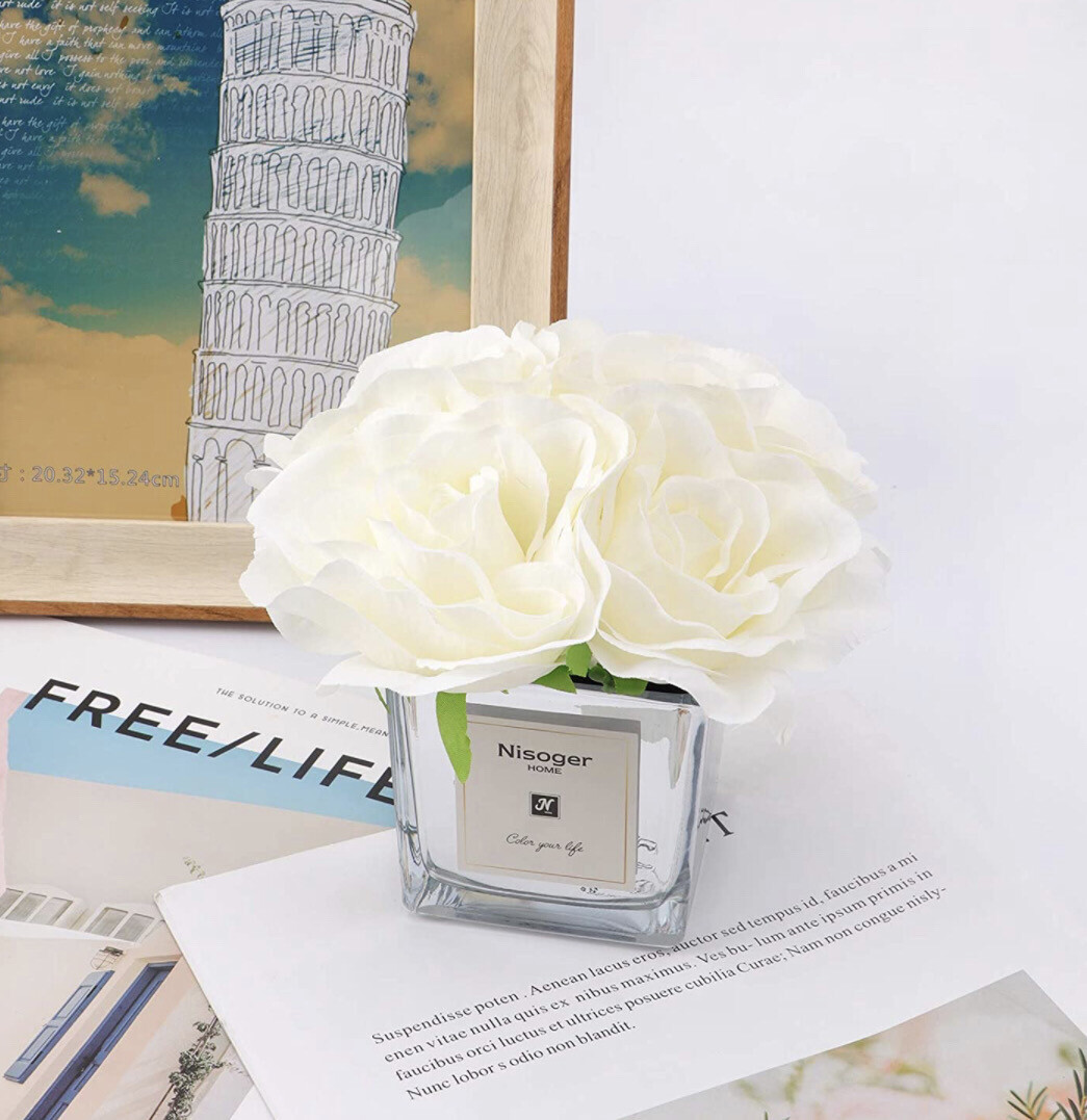 White Rose Faux Flowers In Vase