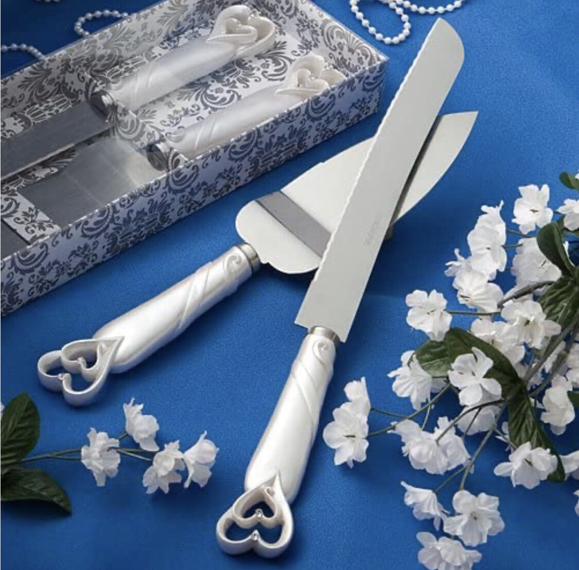 White Cake Knife and Server Set Engraved
