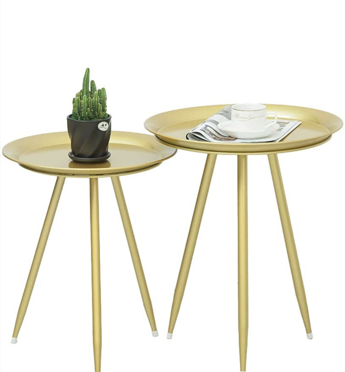 Gold Side Table Set of 2, Nesting End Table Nightstand Metal for Round Modern Accent Decor
