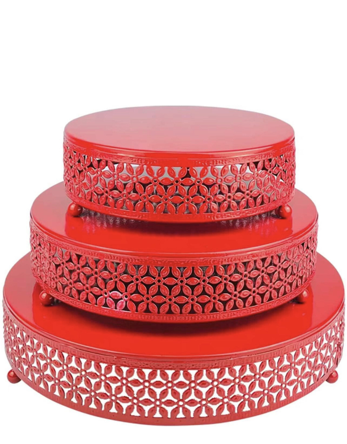 3 Piece Red Cake Stands Set Round Metal Cupcake Display Stand Serving Platter