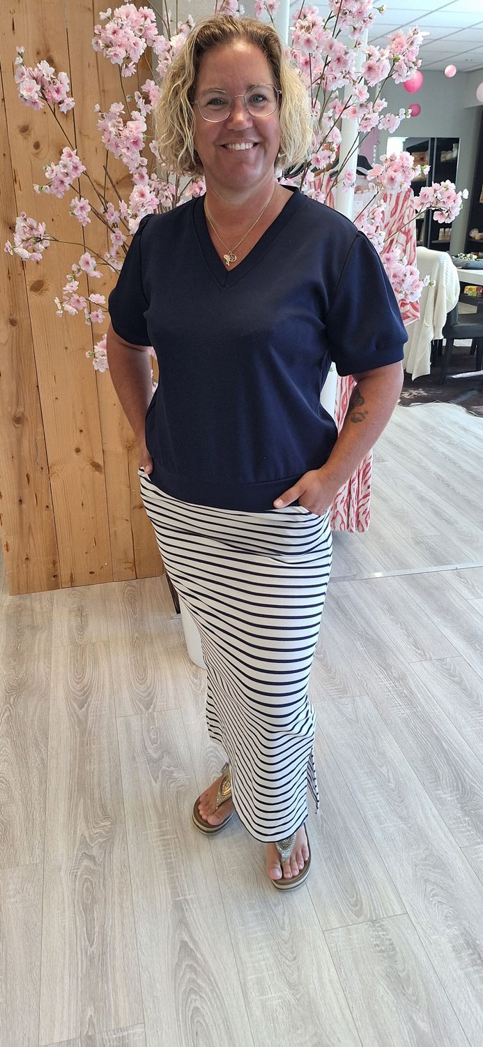 Streep rok creme met donker blauw