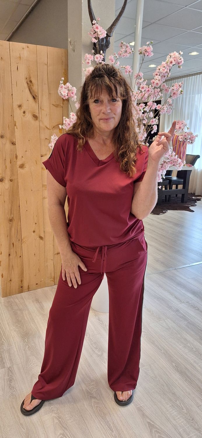 Travelstof broek met bies bordeau