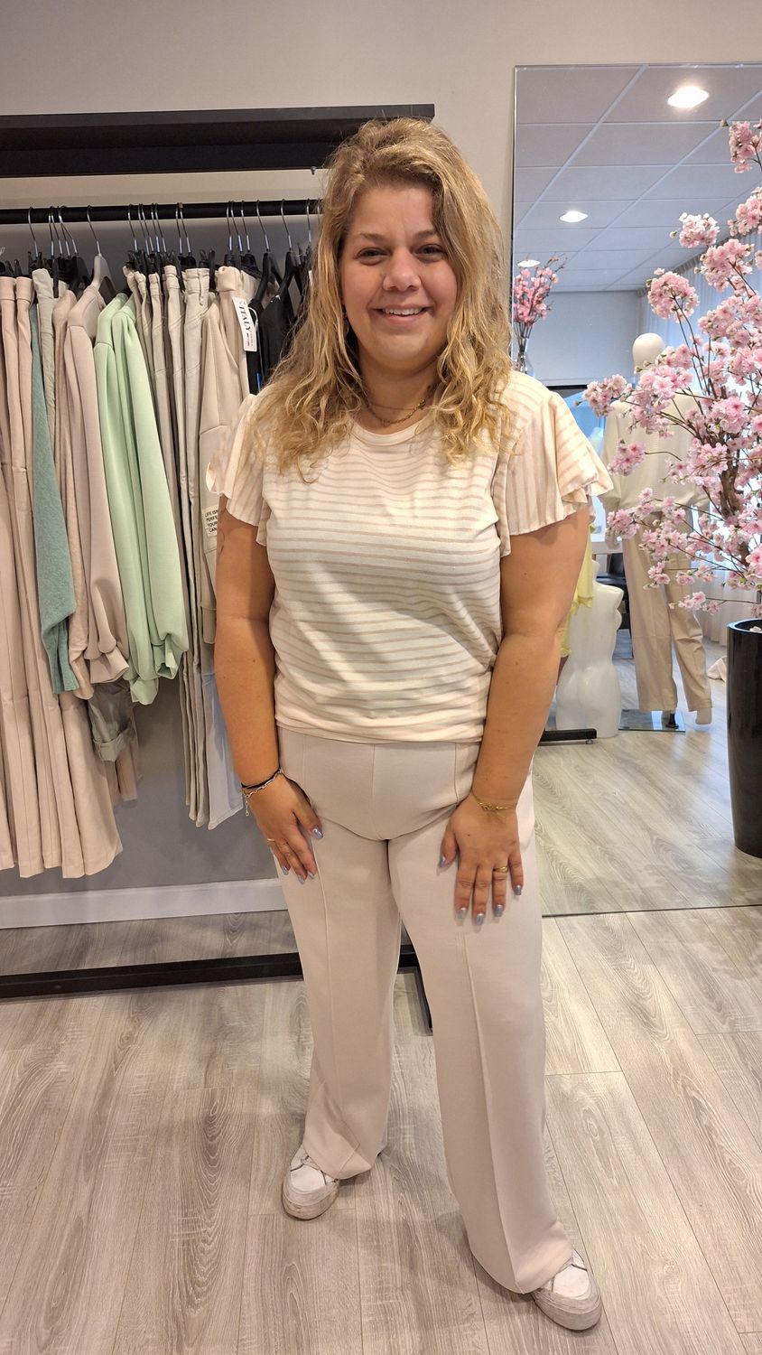 Streep tshirt ruffel beige