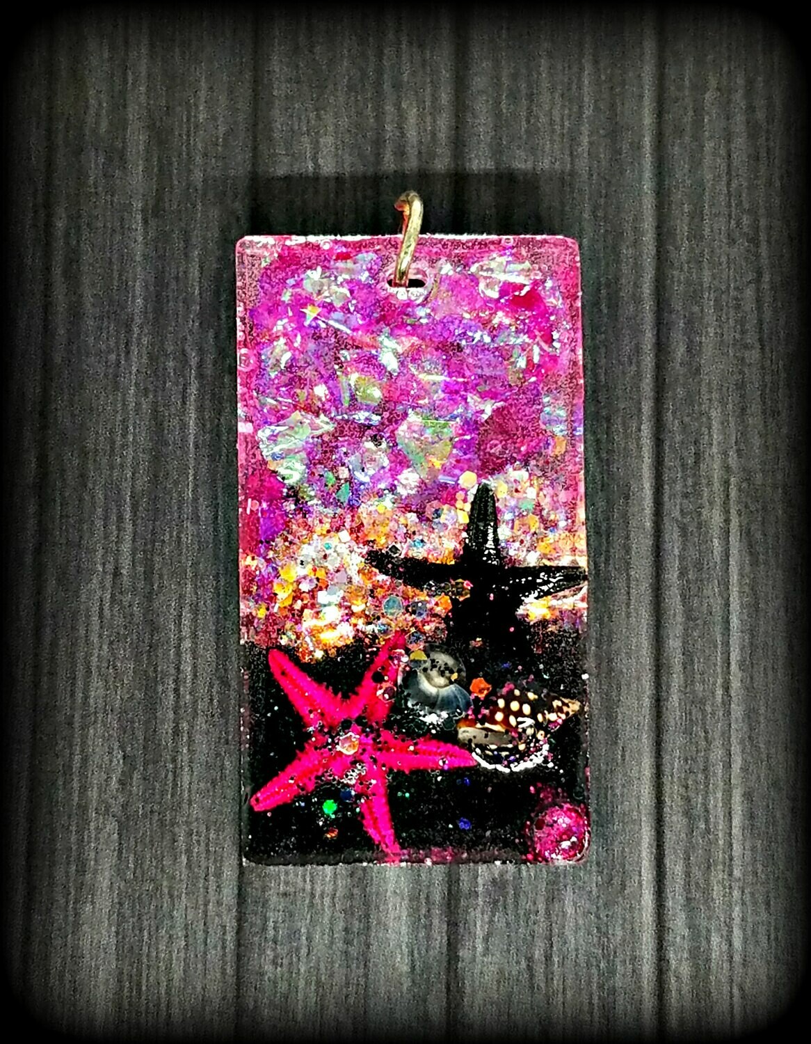Pink and Black Sand Fantasy Beach Scene Resin Charm Necklace