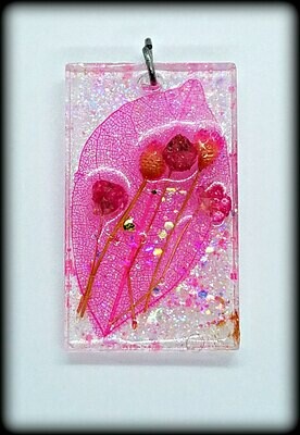 Rose Pink Leaf and Flower Resin Pendant Necklace Charm