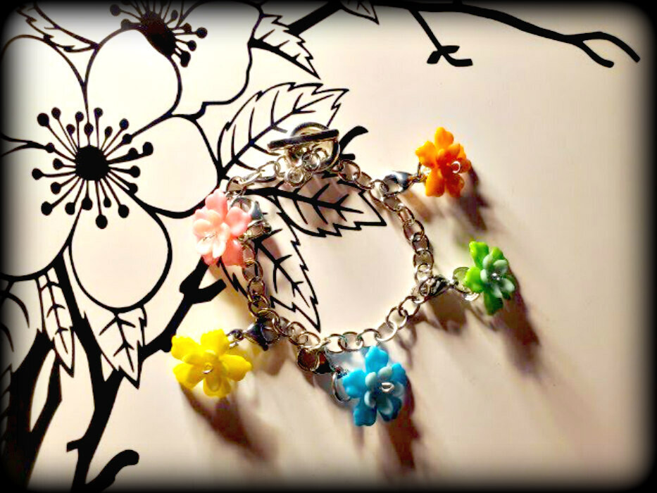 Floral Charm Bracelet - Orange, Blue, Green, Pink, and Yellow (free US shipping available)