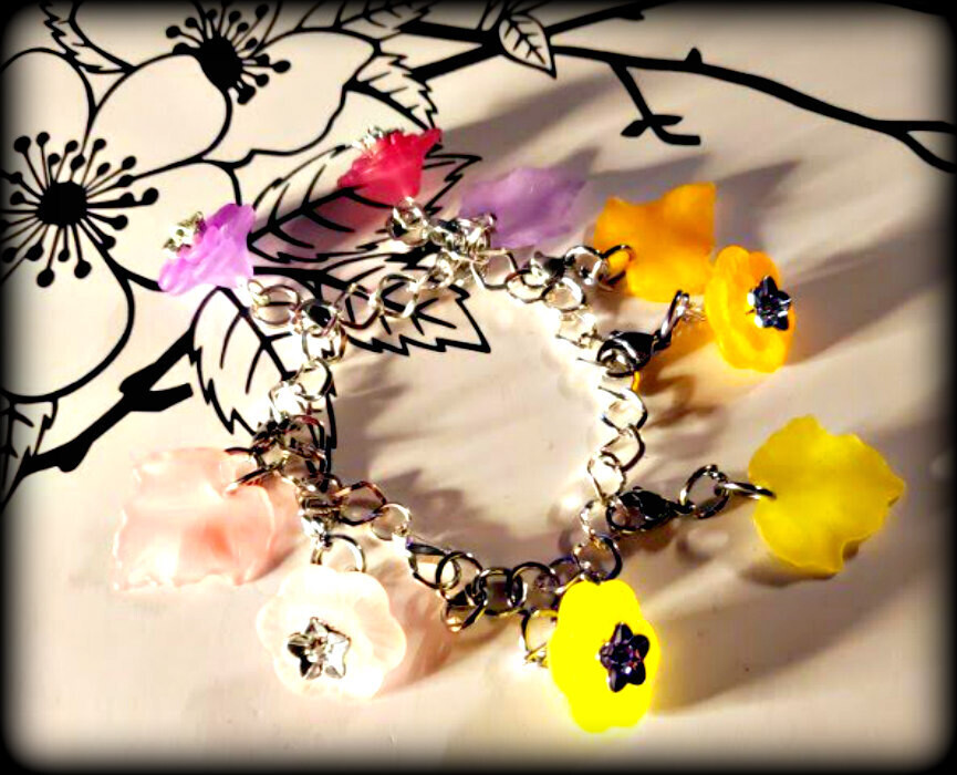 Floral Charm Bracelet - Pink, Yellow, Magenta, and Lavender (free US shipping available)