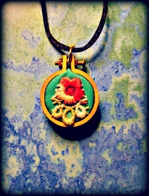 Red Flower and Leaves on Turquoise Blue Fabric Mini Embroidery Hoop Necklace (free US shipping available)