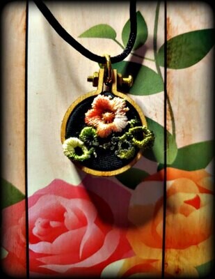 Orange Flower on Black Mini Embroidery Hoop Necklace (free US shipping available)
