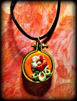 Orange Flower on Orange Fabric Mini Embroidery Hoop Necklace (free US shipping available)