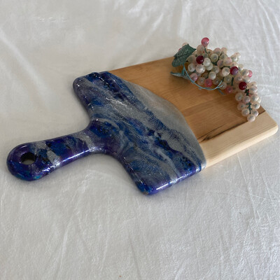 Cheese Serving Board, Sapphire Blue, White, Purple, & Silver On Maple