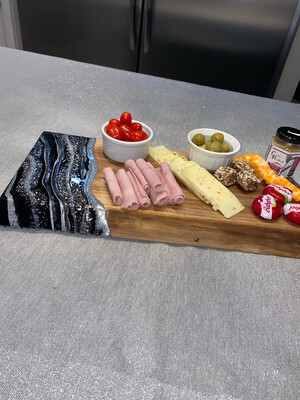 Charcuterie Board, Black & Silvers On Live Edge Walnut 18”L X 10”w X 1 1/2”d @Mukluk Magpies, Airdrie, Ab