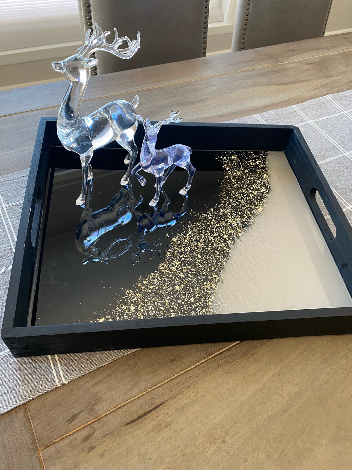 Tray Black Cream Gold/Platinum On Black Wood 18”l X 15”w