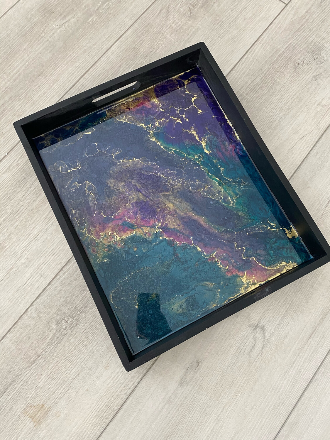 Tray Multicolour Jewel Toned Resin Art 18” X 15” Black Wood