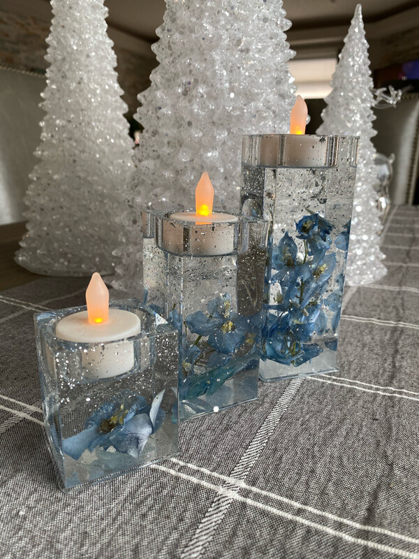 Candle Holders, Set Of 3, Blue Hydrangeas, Silver Flakes