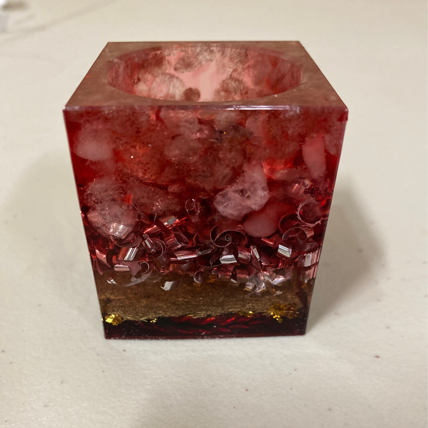 Orgonite Red Candle Holder (Sm) Strawberry Quartz W Copper Tensor Ring