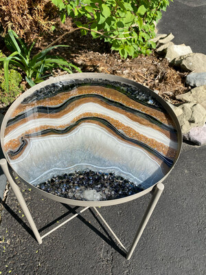 Round Tray Table, Tan W Copper Black Charcoal White