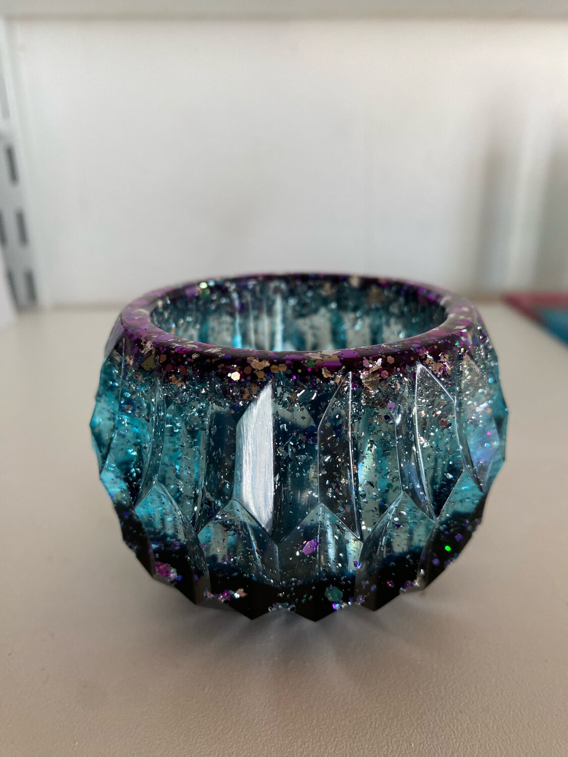 Candle Holder Aqua Blue W Purple Bling