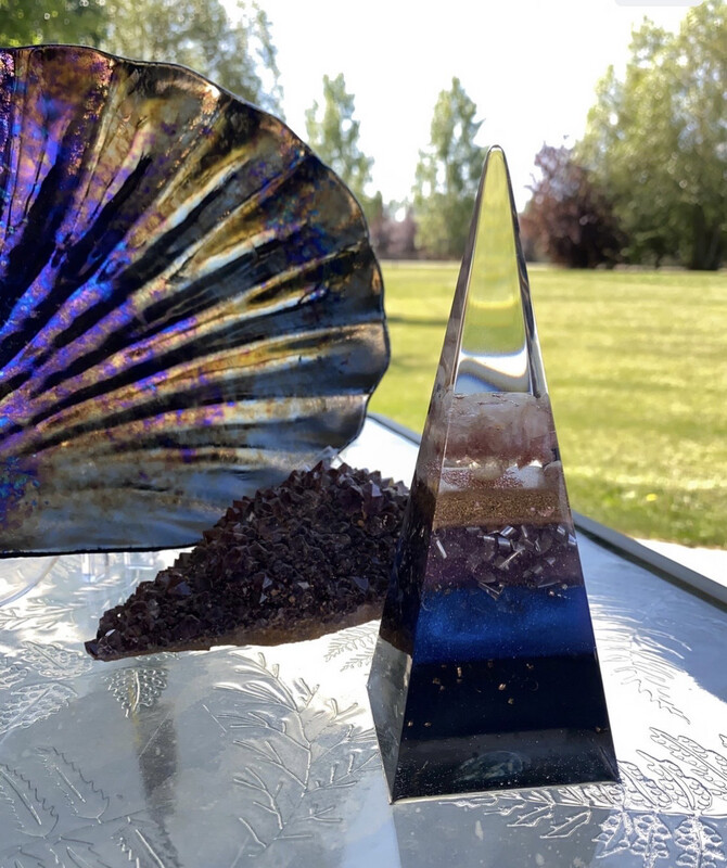 Orgonite pyramid pillar 6.75”h tall purple blue